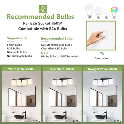 Honesorn 4-Light Vanity Lights, Matte Black Bathroom Light Fixtures | Black Bathroom Vanity Light, Wall Sconces with Milky White Frosted Shades Bedroom,E26 Socket(Bulbs Not Included) - color: Matte Black, size: 4-Light