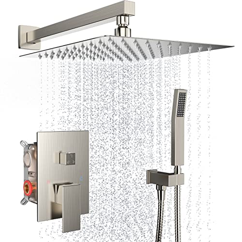 Brushed Nickel Rain Shower System Faucet Set with Handheld, 12 inch | Solid Metal Wall Mount Rainfall Shower Set with Safe Anti-Scald Valve, Air Injection High Pressure Water Saving Combo - color: Brushed Nickel, style: 12in without Tub spout