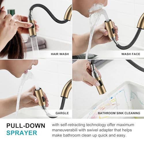 Champagne Bronze Pull Down Centerset Bathroom Faucet 4 Inch 2 Handle | Pull Out Bathroom Faucet with Pop Up Drain & Supply Lines, Lead-Free cUPC & NSF Certified, 3 Hole Faucet for Vanity RV Bar - color: Champagne Bronze