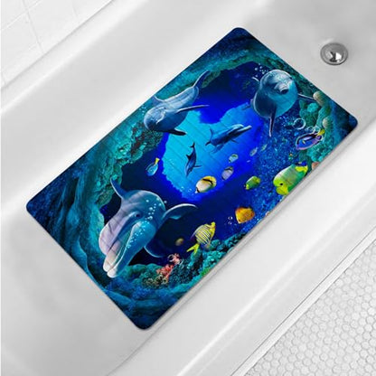 Navy Blue Non Slip Bath Tub Mat Ocean Shower Mat Non-Slip Cute Dolphin Blue Sea Ocean Fish Bathtub Mats with Suction Cups and Drain Holes Bathroom Soft Showermat 15"x27" - color: Dolphin&fish