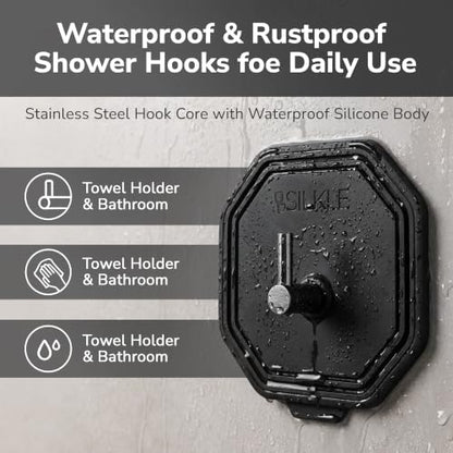 SILKLE Silicone Shower Hooks for Inside Shower, 2-Pack Adhesive Towel Hooks | Adhesive Shower Hooks, No Drill - Razor & Loofah Holders for Shower Wall, Heavy-Duty, Waterproof, Damage-Free - Black - color: Black