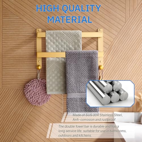 16 Inch Double Towel Bar for Bathroom with Hooks Stainless Steel Bath Towel Rack Wall Mounted Gold Finished - color: Gold, size: 16-Inch