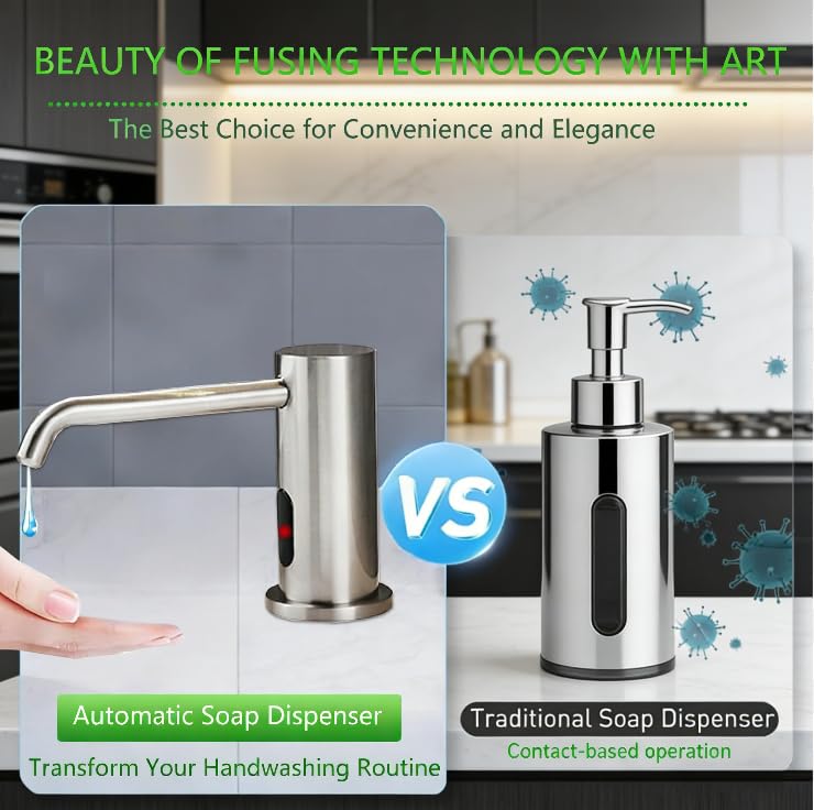 Touchless Automatic Soap Dispenser for Kitchen & Bathroom – Built-in Brushed Nickel Electric Liquid Soap Dispenser with 1000ml Large Capacity, Infrared Sensor, and Premium Brass Core (33.8oz)