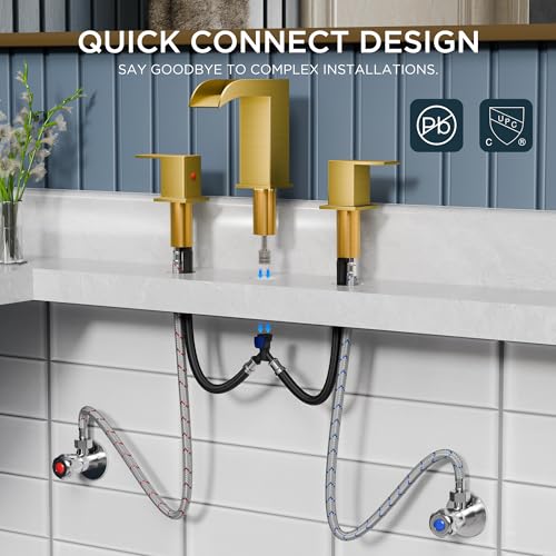QFN Waterfall Bathroom Faucet 3 Hole 8" Widespread Brushed Gold 2 Handle | Bathroom Sink Faucet Lead-Free with Pop-up Drain and Supply Lines, Fits 4-12 Inch 3 Hole Install, for Vanity Laundry Restroom - color: Brushed Gold, style: Waterfall