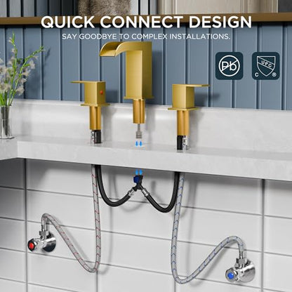 QFN Waterfall Bathroom Faucet 3 Hole 8" Widespread Brushed Gold 2 Handle | Bathroom Sink Faucet Lead-Free with Pop-up Drain and Supply Lines, Fits 4-12 Inch 3 Hole Install, for Vanity Laundry Restroom - color: Brushed Gold, style: Waterfall