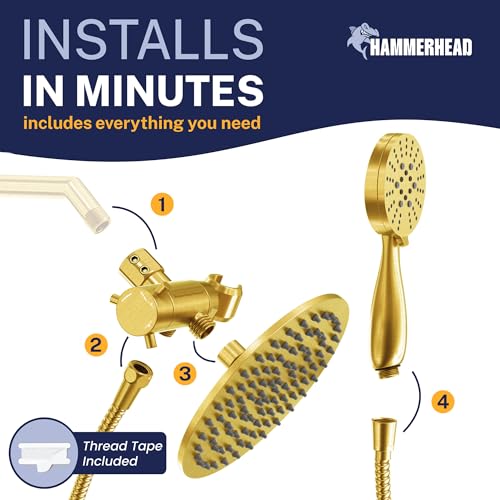 HammerHead Showers® Solid Metal Dual Shower Head Combo – BRUSHED GOLD – 8 Inch Rainfall High Flow Shower Head & 3-Flow Handheld Shower Head High Pressure with Hose 6ft - Luxury Double Shower Heads - color: Brushed Gold, size: 2.5 GPM Standard