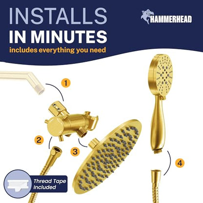 HammerHead Showers® Solid Metal Dual Shower Head Combo – BRUSHED GOLD – 8 Inch Rainfall High Flow Shower Head & 3-Flow Handheld Shower Head High Pressure with Hose 6ft - Luxury Double Shower Heads - color: Brushed Gold, size: 2.5 GPM Standard