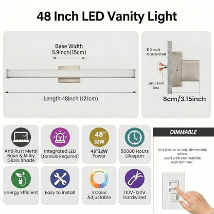 URSOLA 48" Modern LED Bathroom Light Fixtures, Brushed Nickel 3CCT Dimmable Bathroom Vanity Light Over Mirror, Bathroom Vanity Bath Bar Lights with Double Layer Acrylic Shade - color: Brushed Nickel, size: 48inch