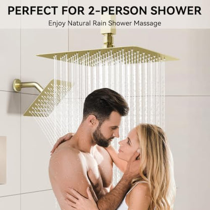 STARBATH Shower Faucet Set Shower System with Diverter Valve, Brushed Gold | 12 Inch Ceiling Mount Rain Shower Head, 6 Inch Wall Mount Rainfall Shower Head and 2-in-1 Handheld Spray for Two Person - color: Gold, size: 12"+6"-03