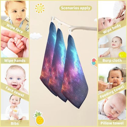 YETTASBIN Galaxy Muslin Baby Hand Washcloths, Soft Cotton Bath Face Towel, 4 Layers Extra Absorbent Feeding Burp Cloth for Newborn Infant, 5 Pack - size: 12 Inch x 5 Pack