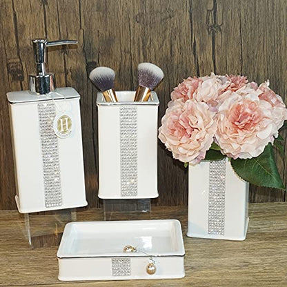 Bathroom Accessories Set 4 Pcs-Ceramic Gift Set Soap Dispenser Pump & Toothbrush Holder & Tumbler Cup & Soap Dish - Bathroom Home Decor Clearance, Countertop Vanity Organize(12 Ounce White) - size: 12 Ounce White