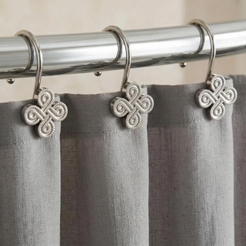 Brushed Nickel Shower Curtain Hooks: Rust Proof Metal Curtain Rings, 12Pcs | Stylish Clover Knot Decorative Shower Hooks, Elegant Flower Hanging Hangers for Shower Rod, Gift for Modern Bathroom Decor - color: Brushed Nickel