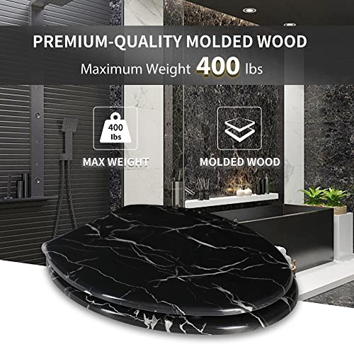 Angel Shield Marble Toilet Seat Durable Molded Wood with Quiet Close,Easy Clean，Quick-Release Hinges (Elongated,Black Marble) - color: Black Marble-Elongated, size: Elongated-18.5”