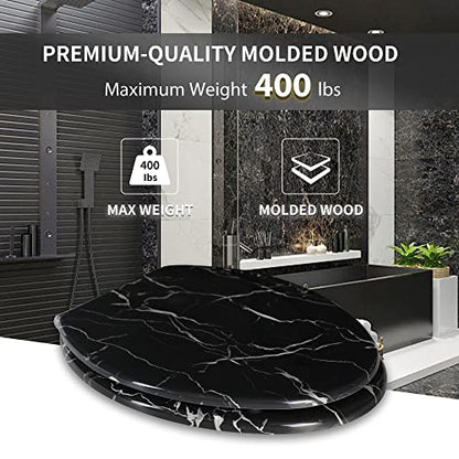 Angel Shield Marble Toilet Seat Durable Molded Wood with Quiet Close,Easy Clean，Quick-Release Hinges (Elongated,Black Marble) - color: Black Marble-Elongated, size: Elongated-18.5”