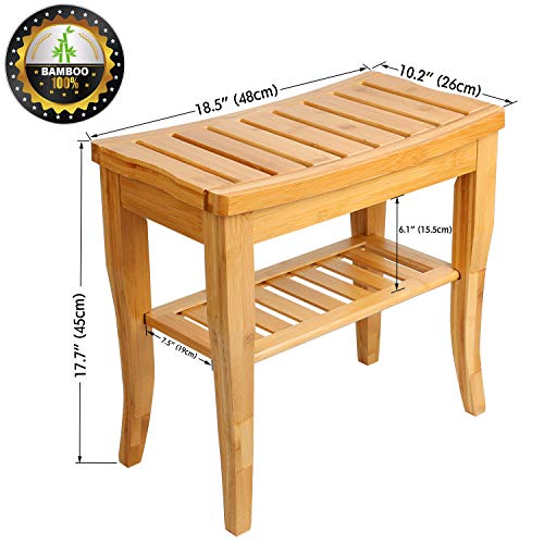 Olebes Bamboo Shower Bench Stool with Storage Shelf - Waterproof Wood Spa Bath Seat for Indoor or Outdoor Use, Wooden Bathroom Bench Chair（18.5"*10.2"*17.7"