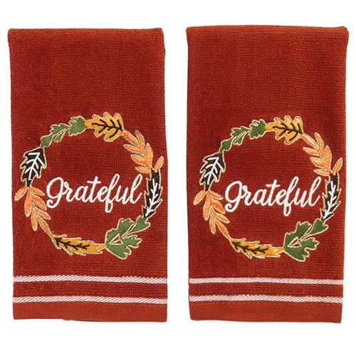 Serafina Home Autumn Fall Bathroom Fingertip Towels Set of 100% Cotton Rust Dark Orange Embroidered Grateful Wreath Design with Stitched Border - 12" x 18" Festive Bath & Kitchen Decor - color: Grateful