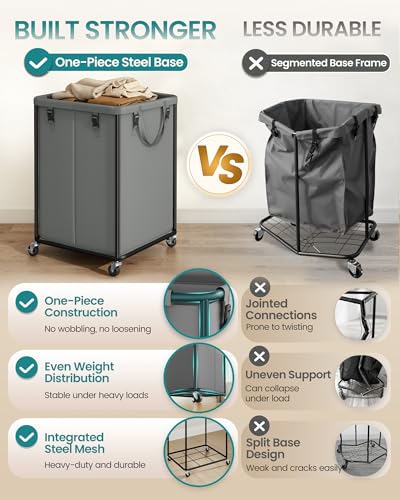 SONGMICS Laundry Basket with Wheels, Rolling Laundry Hamper with Steel Frame, Removable Liner Bag,45 Gallon (170 L), Slate Gray URLS031GN01 - color: Slate Gray, size: 170L-Rectangular