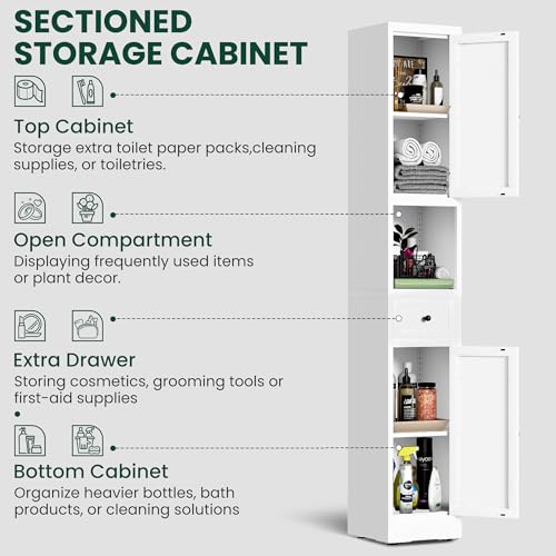 Tall Metal Bathroom Cabinet, 71" Tall Slim Freestanding Locker with 2 Door & 1 Drawer, Narrow Storage Cabinet with Adjustable Shelves, for Small Spaces, Bathroom, Living Room, Modern - White - color: White