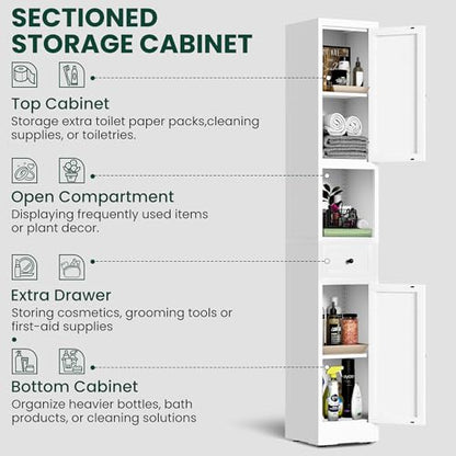 Tall Metal Bathroom Cabinet, 71" Tall Slim Freestanding Locker with 2 Door & 1 Drawer, Narrow Storage Cabinet with Adjustable Shelves, for Small Spaces, Bathroom, Living Room, Modern - White - color: White