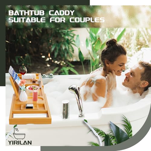 Bamboo Bath Tray, Foldable Premium Bath Caddy, Adjustable Bath Board with Book Rest, Extendable Wooden Tray Bath Shelf – Fits Most Bath Sizes - color: Bamboo