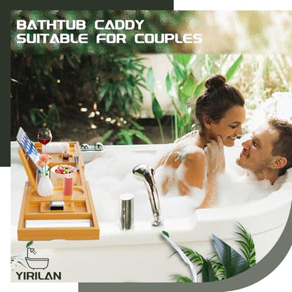 Bamboo Bath Tray, Foldable Premium Bath Caddy, Adjustable Bath Board with Book Rest, Extendable Wooden Tray Bath Shelf – Fits Most Bath Sizes - color: Bamboo