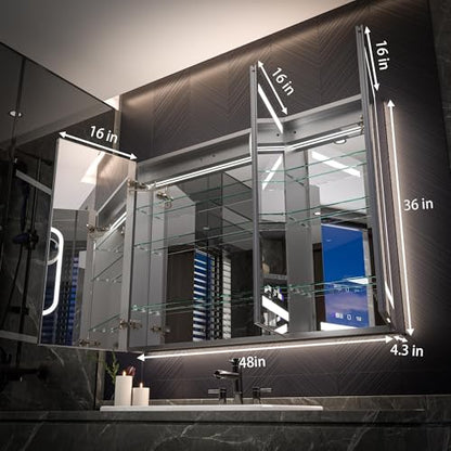 Luxury LED Lighted Medicine Cabinet with Mirror Dimmable, Defogging, 48 inch Commercial Medicine Cabinet, Outlets for Apartments, Hotel, Wide Open - size: 48"W x 36"H