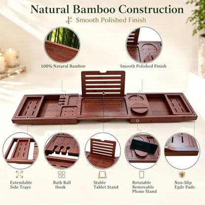 Bamboo Bathtub Tray, Expandable Foldable Bath Caddy, Walnut | 29-42" Bath Shelf Over Tub with Rotating Phone Holder, Tablet & Wine Holders, Locking Design for Spa, Bathroom & Gifts - color: B-walnut