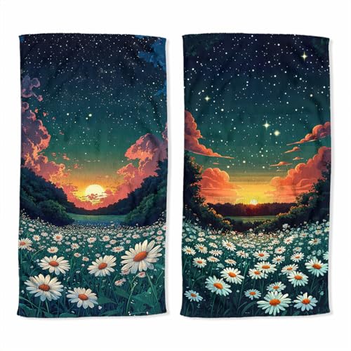 Sunset Bath Hand Towel Set of 2 Starry Sky Over Daisy Field Art Absorbent Hand Towels Decorative Fingertip Towels for Farmhouse Gym Kitchen Hotel Yoga Gifts 14x28 inch - color: Sunset