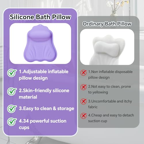 Luxury Silicone Bath Pillow for Tub, New Cloud-Soft 4D Air-Cushion Bathtub Pillow for Head and Neck & Back Support, Strong Suction Cups, Waterproof Quick-Dry Bathtub Headrest (Purple) - color: Purple