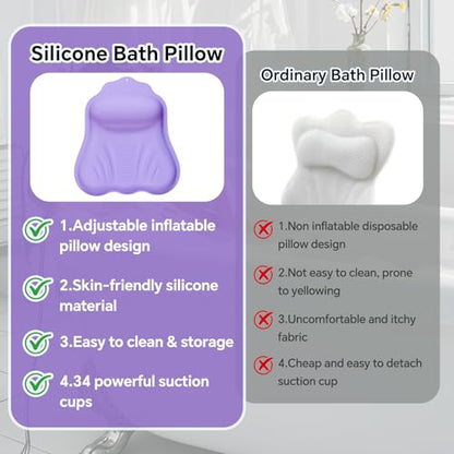 Luxury Silicone Bath Pillow for Tub, New Cloud-Soft 4D Air-Cushion Bathtub Pillow for Head and Neck & Back Support, Strong Suction Cups, Waterproof Quick-Dry Bathtub Headrest (Purple) - color: Purple