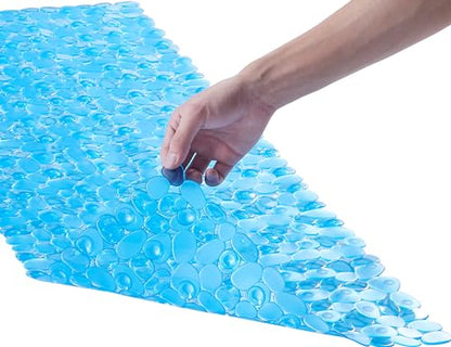 Webos Bath Shower Mat Non Slip: Extra Large Pebble Bathtub mat for Families, Anti Slip Shower Matt with Drain Holes Suction Cups Tub Mat - 16 X 40 Inch Clear Blue - color: Pebble Clear Blue