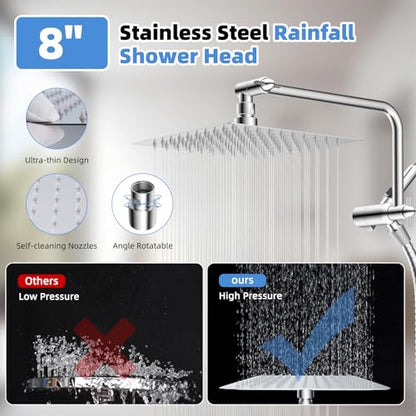8" Metal Rainfall Shower Head with 10-Mode Handheld, Chrome | NSF/ANSI/CAN 372 Certified, High Pressure Showerhead Combo with 11" Adjustable Shower Arm, 71" Hose, Shower Head Holder - color: Chrome, style: Square 8"