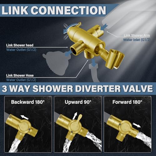 Metal Shower Arm Diverter with Handheld Mount, G1/2" 3-Way Shower Diverter Valve Bathroom Universal Showering System Replacement for Handheld Wand and Fixed Sprayer, Brushed Gold - color: Brushed Gold