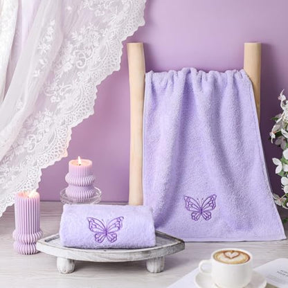 SmoothNovelty 2 Pcs Butterfly Hand Towels Light Purple Bathroom Decor 14x29 Inch Embroidered 100% Cotton Soft Absorbent Spring Summer Washcloths Decorative Hand Towels for Bathroom Kitchen - style: Butterfly