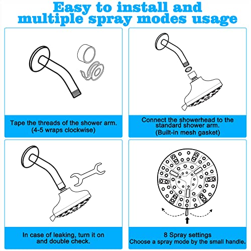 Shower Head, REHAVE Rainfall ShowerHead, 5.1 Inches High-Pressure with 63 Jets 8 Spray Modes - Replacement for Bathroom Shower Heads - Anti-Clogging Silicone Nozzles, Brass Angle-adjustable Ball Joint - style: Modern