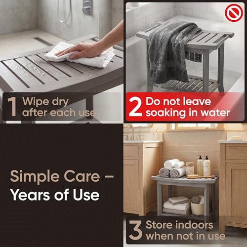 Teak shower bench with Storage Shelf, Shower Stool for Inside Shower, Waterproof Shower Bench Seat, Shower Chair for Inside Shower, Wood Bench, Bathroom Bench (Natural Wood) (Gray Wood) - color: Gray Wood