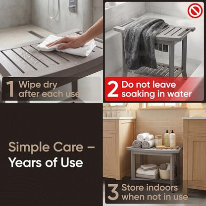 Teak shower bench with Storage Shelf, Shower Stool for Inside Shower, Waterproof Shower Bench Seat, Shower Chair for Inside Shower, Wood Bench, Bathroom Bench (Natural Wood) (Gray Wood) - color: Gray Wood