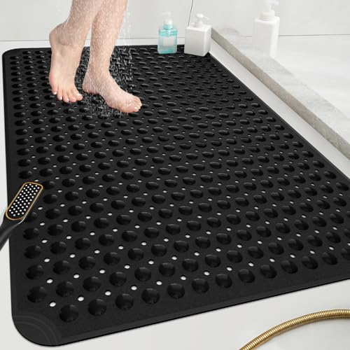 OTHWAY Extra Large Shower Mat 47"x 32", TPE Non Slip Shower Mat for Shower Stall, Inside Walk in Shower Mats with Drain Holes Suction Cups, Anti-Slip for Elderly (Black) - color: Black