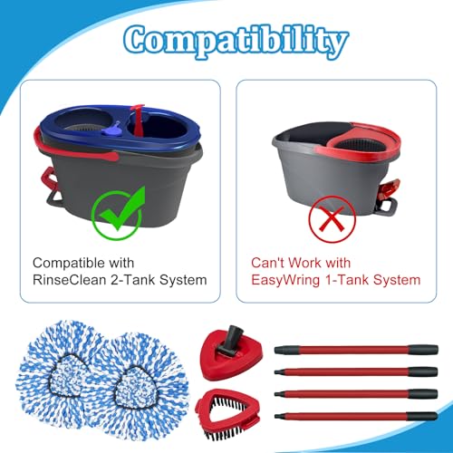 Spin Mop Handle, Mop Heads Replacements,Scrubber Brush and Mop Base Compatible with Ocedar RinseClean 2-Tank System, Mop Handle and Head Replacement Combo Set for Wet Dry Use Floor Cleaning - size: 4 pack mop heads set