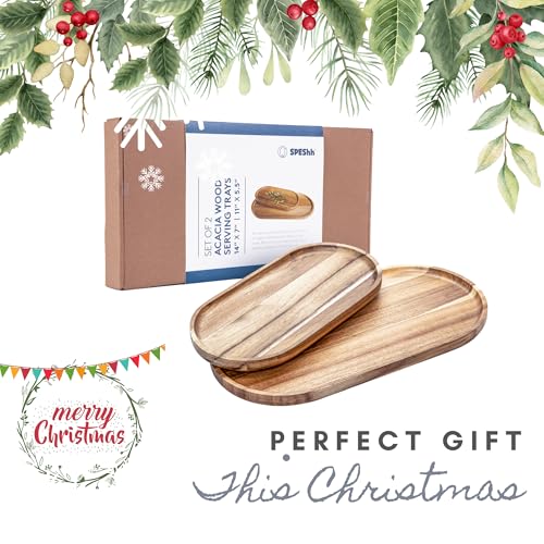Acacia Wooden Serving Trays Set of 2 - Rectangular Oval Shaped Wood Plates for Charcuterie Cheese Bread Fruit Vegetable Dip Sushi - Rustic Serving Platter Shallow Dishes -14x7 & 11x5.5 In.