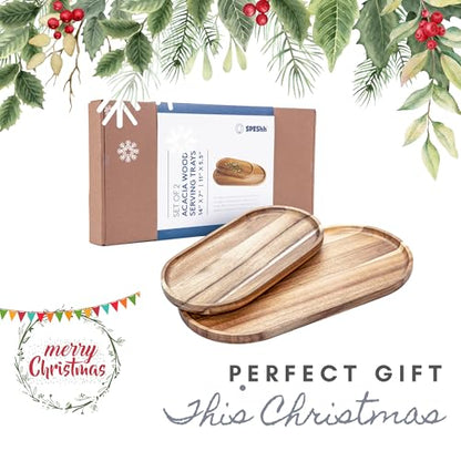 Acacia Wooden Serving Trays Set of 2 - Rectangular Oval Shaped Wood Plates for Charcuterie Cheese Bread Fruit Vegetable Dip Sushi - Rustic Serving Platter Shallow Dishes -14x7 & 11x5.5 In.