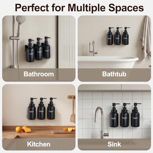 Shampoo and Conditioner Dispenser Set of 3, Matte Black | 16.9 oz Refillable Bottles, No-Drill Wall Mount, Includes 27 Labels, For Bathrooms, Hotels and Airbnbs - color: Matte Black Bottle + Black Pump