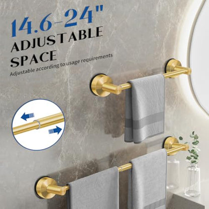 Adjustable Suction Cup Towel Bar for Bathroom Wall, 14.6–24 Inches Brushed Gold Towel Bar, Stainless Steel Towel Racks for Bathroom, Bath Towel Holder for Shower (Brushed Gold) - color: Brushed Gold, 1-pack