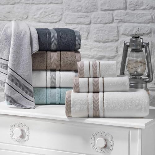 Bath Towels Set for Bathroom – Luxury 6-Piece Cotton Towels, Soft Absorbent & Quick Dry, 600 GSM Bath Towels for Bathroom, Hotel Spa Quality (White/Grey, 6- Bath Towel Set) - color: White/Grey
