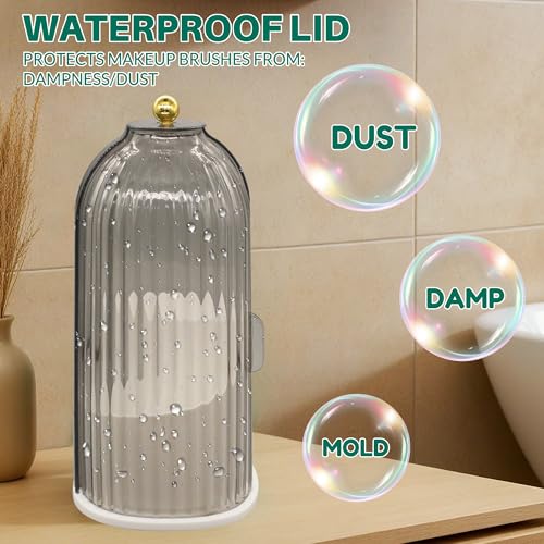 Makeup Brush Holder with Lid Cosmetic Tools Organizer 360 Rotating Waterproof Dustproof Make Up Brushes Storage for Vanity Bathroom Countertop - color: Black