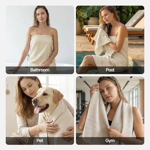 REDKISS Soft 8 Piece Waffle Towel Set, Microfiber, Lighter Weight, Absorbent, Quick Dry, Lint Free Bath Towels for Bathroom, Spa & Hotel – 2 Bath, 2 Hand, 4 Washcloths, Cream - color: Cream