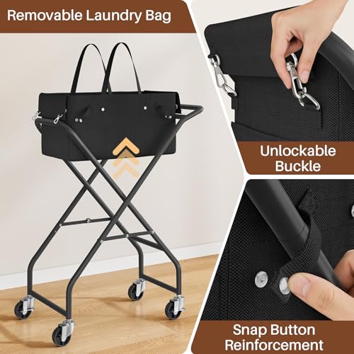 No-Bend Laundry Cart- Rolling Hamper with Locking Wheels & Handle, Foldable Basket Screw-Free Assembly, Durable Metal Frame & Removable Liner Bag for Bedroom & Bathroom (Black) - color: Black