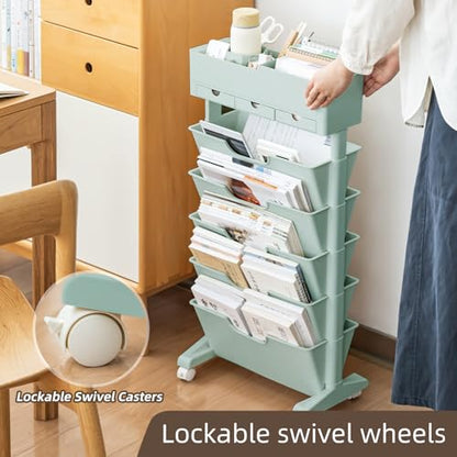 5 Tier Rolling Book Cart Multi-Functional Movable Storage Bookshelves | rolling bookshelf,Movable Storage Bookshelves with Lockable Wheels for Study Office Library Classroom, - color: Blue