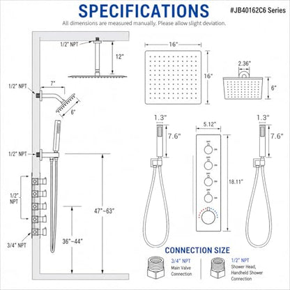 Thermostatic Dual Rianfall Shower System with 6+16-Inch Shower Heads, Brushed Nickel Ceiling Mount Full Body Rain Shower Faucet Set with Double High Pressure HandHeld Sprayer for 2-Person - color: Brushed Nickel