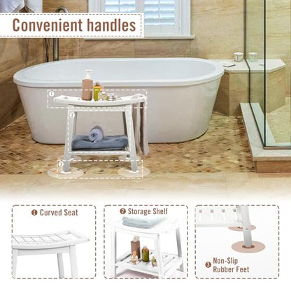 BRIOPAWS Shower-Bench-Seat-Waterproof | White Shower Stool-for-Inside-Shower | HDPE Plastic | Bathroom-Benches w/Storage Shelf & Handles | Shaving Legs | Indoor Outdoor Use | 21.8 x 14 x 18.1 Inch - size: White-L